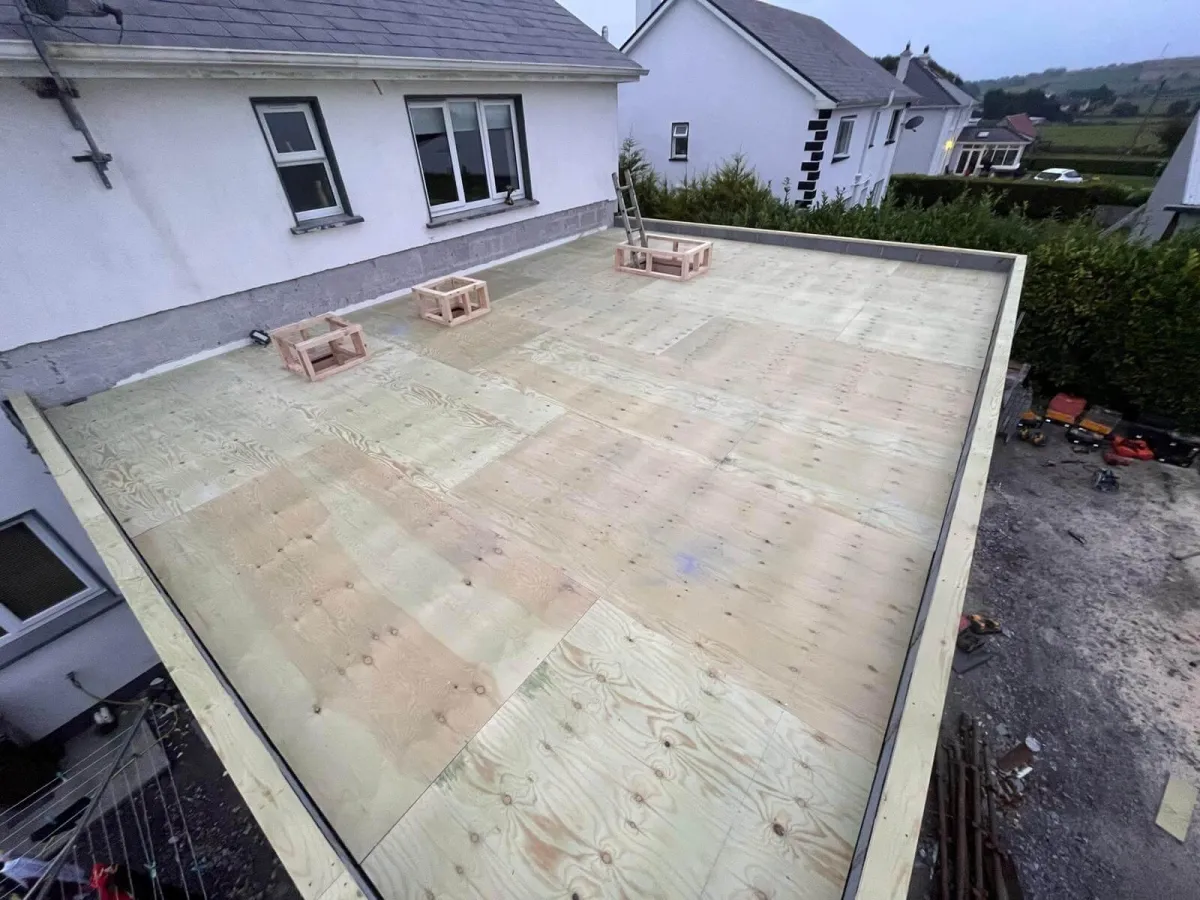 Plywood roof deck under construction